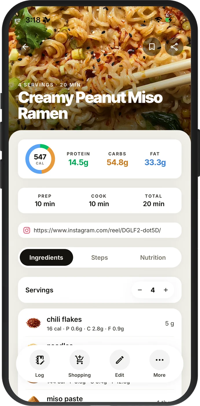 A recipe imported into EasyToCook with ingredients, steps and macros
