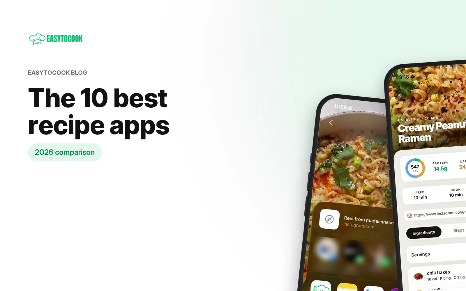 Phones showing a recipe saved from Instagram inside EasyToCook